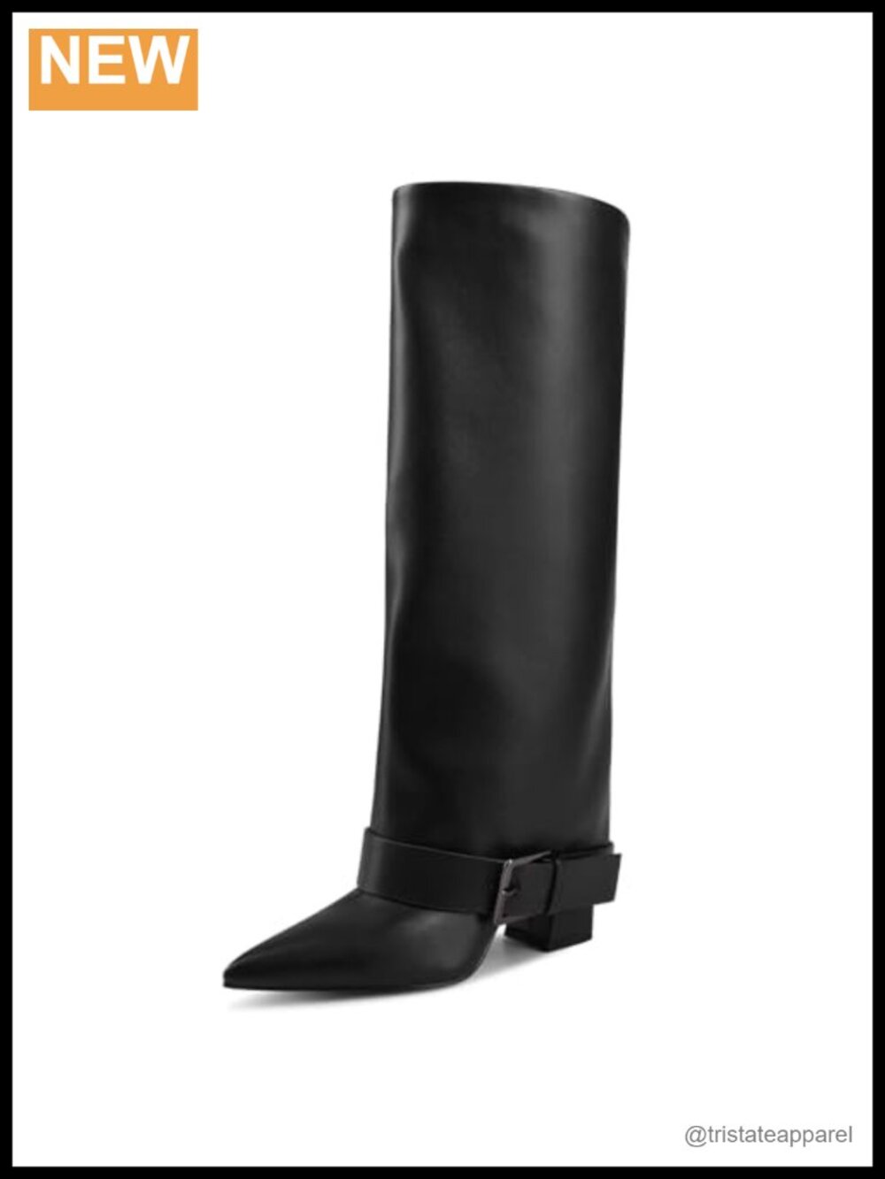 Women's Knee High Chunky Heel Boots Fold Over Wide Calf Pointed Toe PU